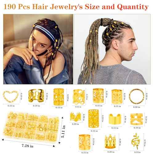 190 Pcs Gold Hair Jewelry for Braids & Dreadlocks - Loc Jewelry with Ring Cuffs, Clips, Charms & Decorations for Men, Women & Girls