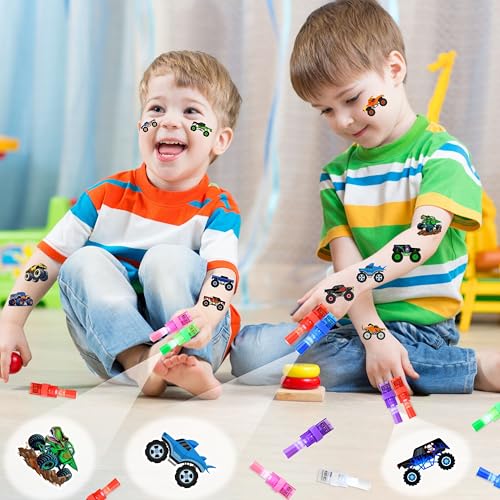 Monster Truck Party Favors Set - 72 PCS LED Lights & Tattoos