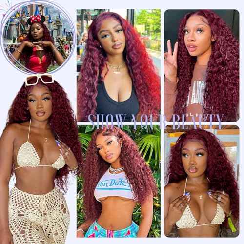 Estilar 99j Burgundy Deep Wave Lace Front Wigs Human Hair 200 Density 13x6 HD Lace Frontal Wigs Pre Plucked Deep Curly Glueless Wigs Human Hair with Baby Hair for Women Red Color 32 Inch