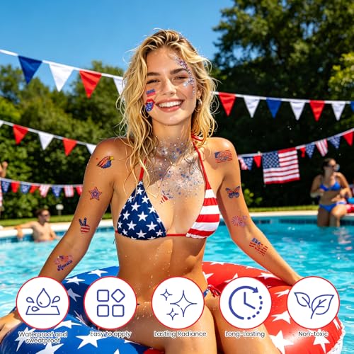 Gloomix Patriotic Face & Hair Glitter Kit Red White Blue with 100 Stickers for 4th of July