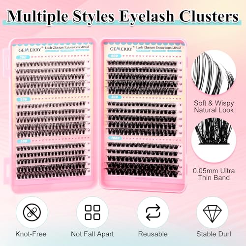 GEMERRY Lash Clusters Kit 565Pcs Eyelash Extensions Kit Individual Lashes D Curl Fluffy Wispy False Eyelashes with Lash Bond and Seal and Tweezers(30D+40D+50D+60D+80D+100D, 8-16mm)