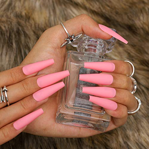 Gangel Pink Matte Press on Nails Coffin Long False Nails Full Cover Artificial Fake Nails Ballerina Acrylic Fake Nail Daily Wear Party Gifts for Women and Girls 24Pcs (PINK)