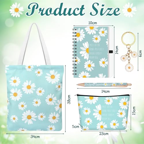 5 Pcs Daisy Gifts Set for Women Daisy Flower Themed Tote Bag Cosmetic Bag Keychain Pen Notebook Encouragement Inspirational Positive Vibes Gift for Women Friendship Birthday Christmas