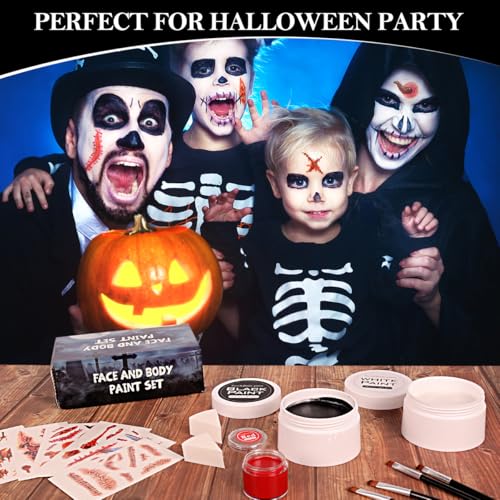 Halloween Makeup Kit for Adult Kids, Black White Red Face Paint for Zombie Skeleton Clown Makeup with 4 Brushes, 2 Sponges, 6 Tattoos, Oil-based Face Painting Kit for Halloween Costume, Theme Cosplay