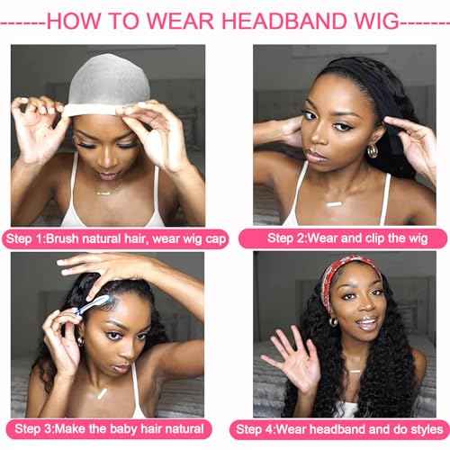 haha Water Wave Headband Wig Human Hair Curly Headband Wigs None Lace Front Wig Wet and Wavy Brazilian Virgin Human Hair Glueless Wig Easy to Wear Half Wig 150% Density 20 Inch 150% Density