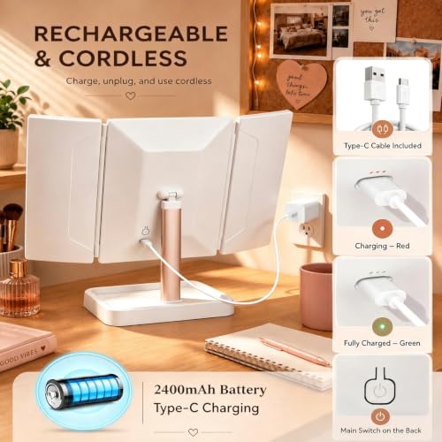 CALEPOP White Rechargeable Trifold Lighted Makeup Mirror 1X/2X/3X Magnification