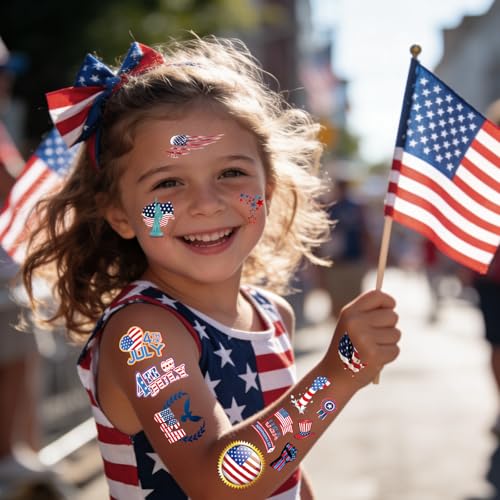 4th of July Temporary Tattoos for Kids, 20 Sheets 90+ Patriotic Designs
