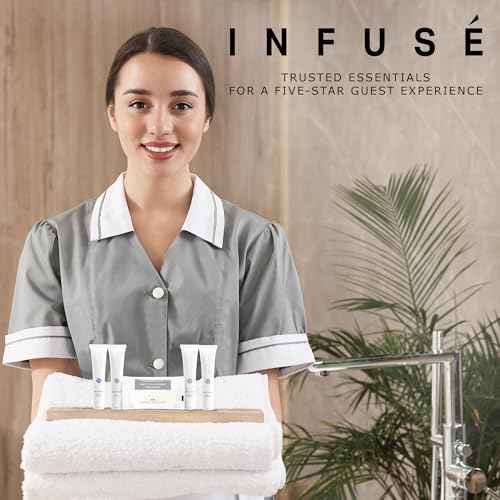 Infuse Pure White Tea and Coconut Hotel Soaps and Toiletries Bulk Set | 1-Shoppe All-In-Kit for Airbnb | 1oz Shampoo & Conditioner, Body Wash, Lotion & 1.25oz Bar Soap | Travel Size 300 Pieces