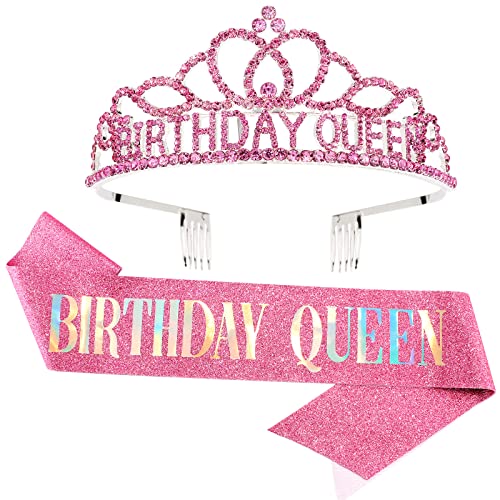 Pink Birthday Queen Tiara and Sash Set with Rhinestones