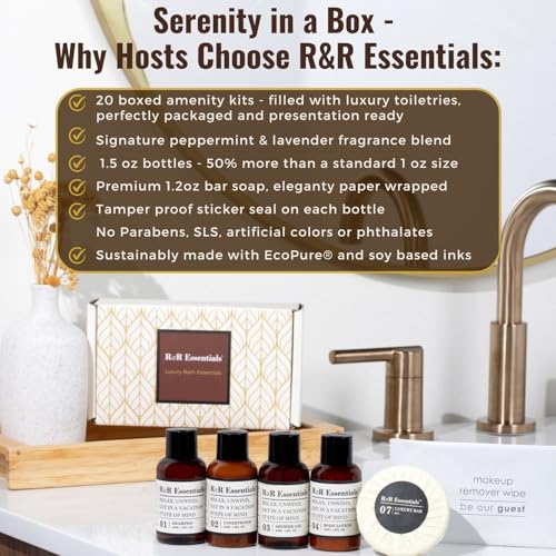 20 Sets Display Ready Hotel Bathroom Amenity Kits with Wipes - Eco-Friendly Bottles