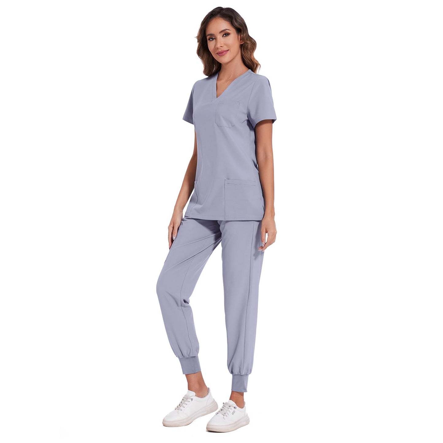 COZYFIT Scrubs for Women Set - Stretch V-Neck Scrub Top & Jogger Pant with 8 Pockets, Yoga Waistband, Anti Wrinkle, Slim Fit Women Scrubs - Light Grey, S