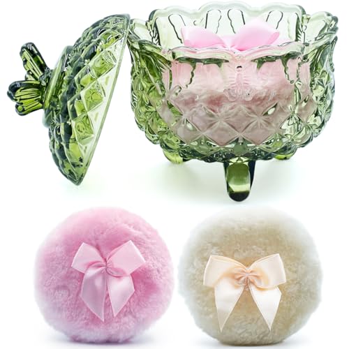 4" Glass Dusting Powder Container with 2 Fluffy Puffs,Cute 3.5" Soft Body Powder Puff and Jar Set(Butterfly-olive green)