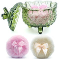 4" Glass Dusting Powder Container with 2 Fluffy Puffs,Cute 3.5" Soft Body Powder Puff and Jar Set(Butterfly-olive green)