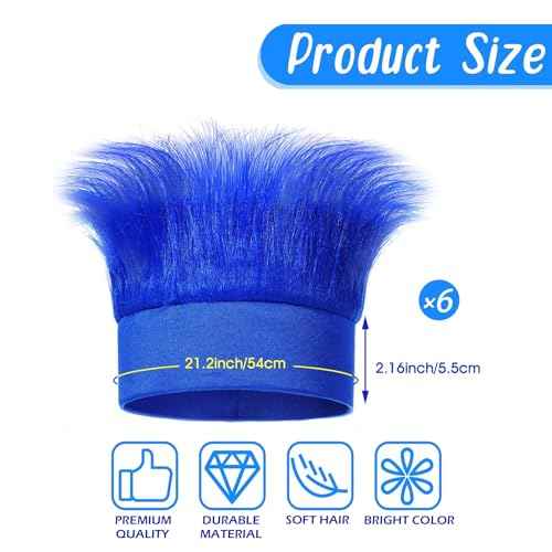 6Pcs Hairy Headbands Flowy Troll Crazy Hair & Stickers - Spirit Week Accessories Cheering Headwear Costume Adult (Mixed Colors)