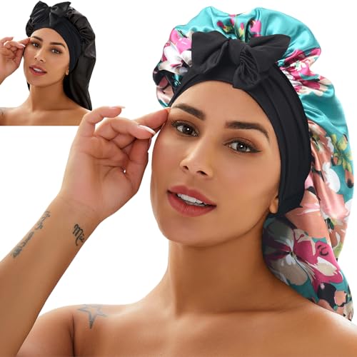Silk Bonnet for Sleeping - 2 Pc Satin Sleep Cap for Braids