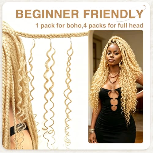 DRESSMAKER 613 Blonde Human Crochet Hair 18 Inch 60g Pre-Separated Feather Extensions - Deep Wave, Easy Install, Invisible Knots