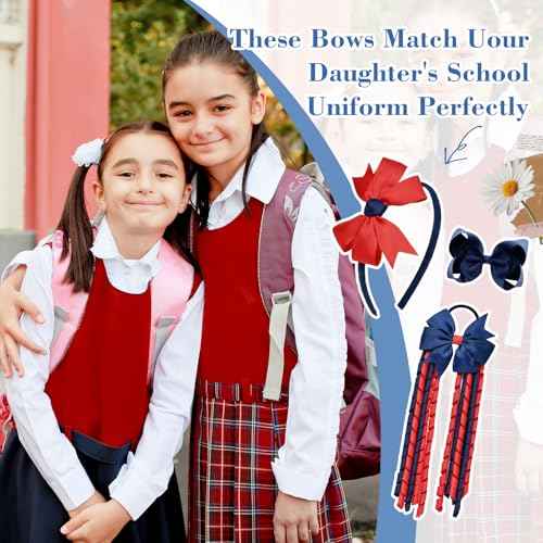 DEEKA Navy Blue & Red School Hair Accessories Set 13 Pcs Uniform Hair Bow Headband Clips Hair Ties Curly Korker Bows for Little Toddler School Girls (Navy Blue&Red)