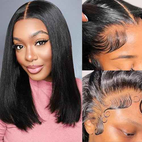14 Inch Bob Wig Human Hair 13x6 Hd Transparent Lace Front Wigs Human Hair Pre Plucked Glueless Bob Wig 180% Density Short Straight Bob Wigs For Women