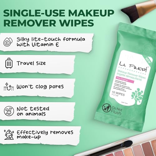 LA Fresh Makeup Remover Wipes with Vitamin E - For Face, Eyes, Lips - Face Wipes Travel Essentials Pack, of 3 10-count Pouches (30-count)