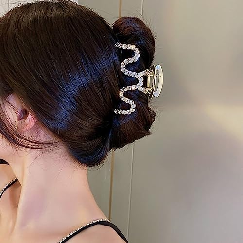 Rhinestone Hair Clips, Textention 3.4 Inch Pearl Claw Clips for Thick Hair, Crystal Metal Hair Jaw Clamps Fashion Hair Accessories for Women Bride Bridesmaid (2 Pack)