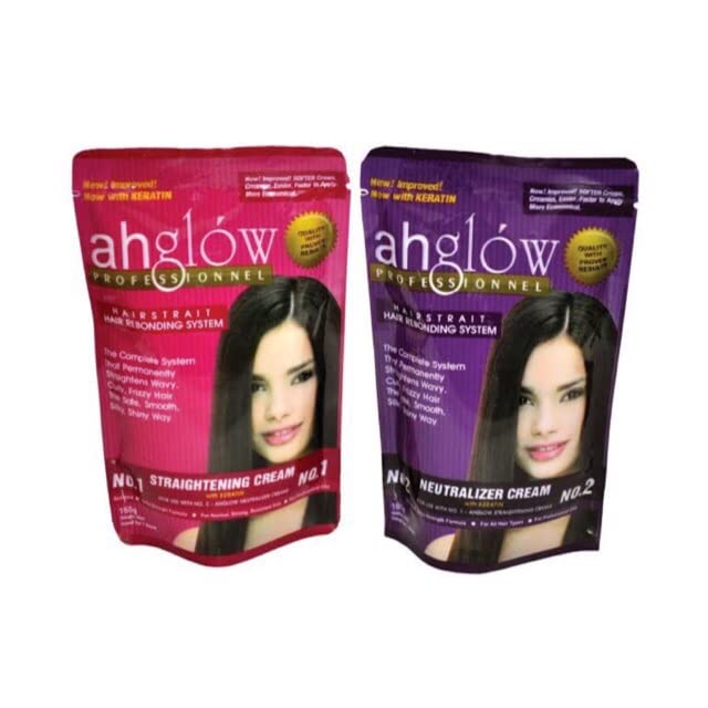 AHGLOW Hair Straightening and Rebonding System with KERATIN. Extra Strength Formula. The Complete System that Straightens Wavy, Curly, Frizzy Hair the Smooth, Silky, Shiny Way! 165 gram pouches