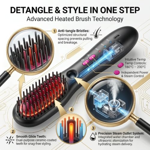 Cordless Hair Straightener Brush with Steam & 3 Temp Settings