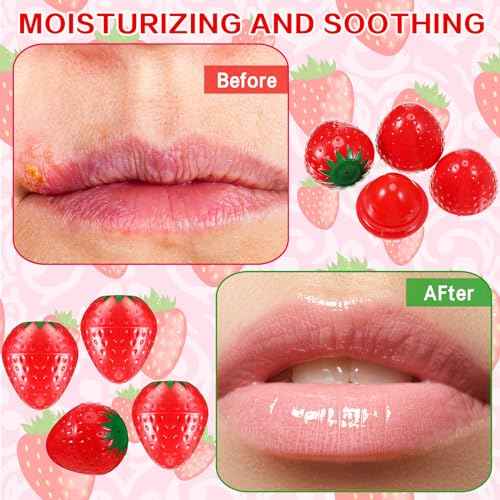 12 Pcs Cute Lip Balm Strawberry Wrinkle Repair Moisturizing and Plumping Lasting Hydrating Strawberry Shaped Lip Protector for Women Valentines Gift