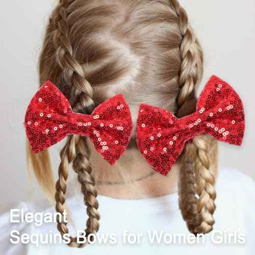 KISZU 4 Inch Sequin Glitter Hair Bows Clips, Sparkling Bling Little Bow HairPins Hair Accessories for Baby Girls Kids Children Teens and Women (Red)