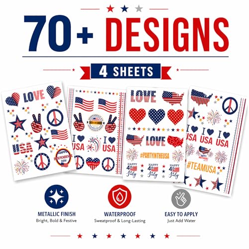 4th of July Temporary Tattoos - 70+ Patriotic Designs, 4 Sheets