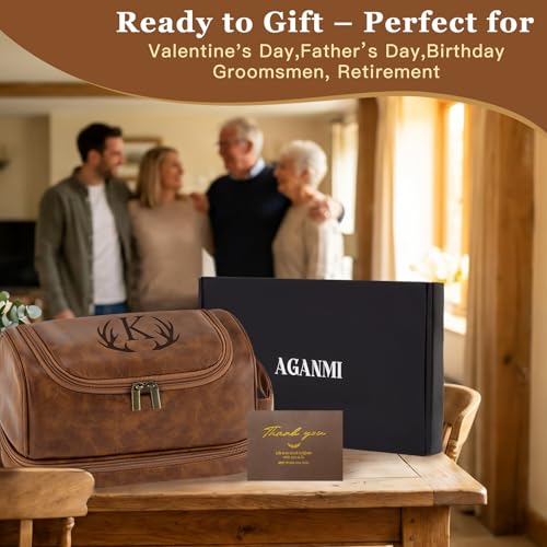 Personalized Gifts Travel Toiletry Bag for Men, Engraved Initial PU Leather Waterproof Shaving Bag, Groomsmen Present Christmas Birthday Gifts for Men Dad Husband Son Boyfriend (Light Brown P)