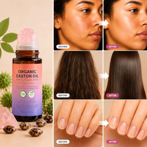 Organic Castor Oil Roll-On with Rose Quartz Roller, 1.7 fl oz