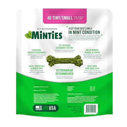 Minties Dental Chews for Dogs, 40 Count, Vet-Recommended Mint-Flavored Dental Treats for Tiny/Small Dogs 5-24 lbs, Dental Bones Clean Teeth, Fight Bad Breath, and Removes Plaque and Tartar