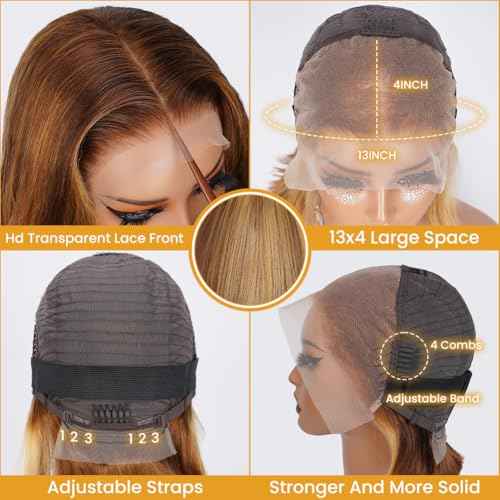 4/27 Highlight Body Wave Lace Front Wigs Human Hair Pre Plucked 13x4 HD Lace Frontal Wig with Baby Hair 180% Density Ombre Brown and Honey Blonde Human Hair Wigs for Black Women 24 Inch