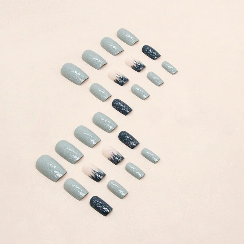 Medium Press on Nails Square Shape Fake Nails Glossy Blue Glue on Nails Art Decorations Cute Short Square Acrylic Nails Full Cover Stick on Nails Kit for Women Girls