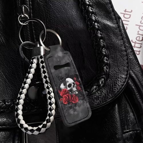 Red Rose Skull Chapstick Holder Keychain Clip