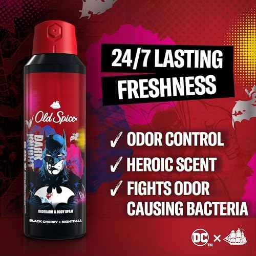 Old Spice Aluminum Free Body Deodorant Dry Body Spray for Men, 24/7 Freshness & Lasting Scent, 24/7 Sweat & Odor Protection, Smell Like a Hero, Batman, Black Cherry & Nightfall Scent, 5.1 oz