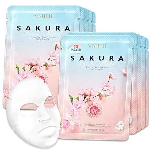Brightening Face Sheet Mask, Set of 10 - Japanese Hydrating Beauty Skincare with Sakura Extract for Women and Men - Moisturising Anti Aging Facial Treatment - Ideal for Sensitive Skin