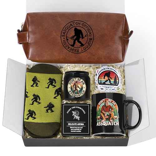 JoycuFF Bigfoot Gifts Big Foot Sasquatch Gifts for Men Sasquatch Lovers Gift Funny Idea for Birthday Gift Christmas Gifts with Big Foot Toiletry Bag Mug Socks Candle Stickers for Him