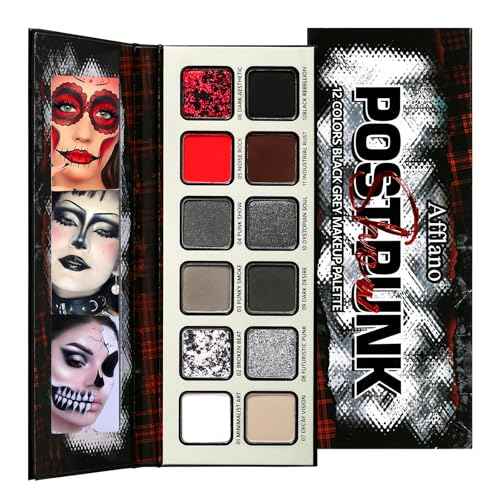 Afflano Goth Makeup Gray Black Eyeshadow Palette, Grunge Smokey Eye Eyeshadow Palette Highly Pigmented, Blendable Chrome Glitter Silver White Grey Dark Red Eye Shadow Palette, Emo SFX Halloween Makeup