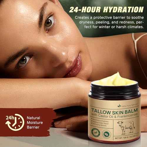 FANSHI Tallow Skin Balm With Castor Oil & Frankincense, Vitality Frankincense Balms 100% Grass-Fed Tallows For Skin Care Castor Oil Balm Beef Tallow For Face & Body120 G/4.2 Oz