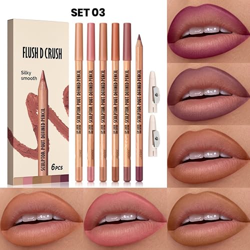 MAEPEOR Lip Liner Set 6Pcs Pure Natural Oak Brown Pink Red Series Lip Liners Smooth High Pigmented Matte Finish Lipliner Pen Kit (Set 03)