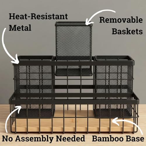 HB Design Co. Black Breathable Metal & Bamboo Hair Tool Organizer - Heat-Resistant Countertop Storage for Hair Dryers, Straighteners & Curling Irons