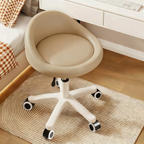 Rolling Stool ? Ergonomic Swivel Seat, Adjustable Height, Ultra-Quiet Wheels, Padded PU Leather Cushion, for Salon, Office, Massage & Medical Use Khaki