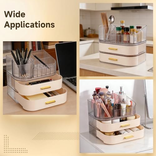 3 Tiers Makeup Organizer with Drawers, Makeup Holder 360¡Æ Rotating Brush Holder, Large Capacity Cosmetic Storage with Clear Top Slots, Vanity Organizer for Skincare Perfume Lipstick Jewelry