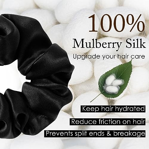 OLESILK Dark Night Black 100% Mulberry Silk Scrunchies for Women, No Damage Hair Ties (3 Pack)