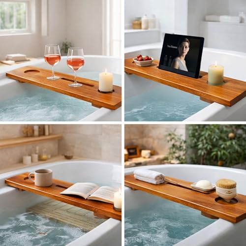 Teak Bathtub Tray 40" - Solid Wood Bath Caddy with Tablet Holder
