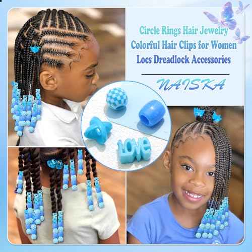 NAISKA 60Pcs Loc Hair Beads Dreadlock Jewelry for Braid Multi Shape Blue Beads Hair Clips Dreadlock Accessories Acrylic Hair Tube Decoration Hair Cuffs Rings for Women and Girls