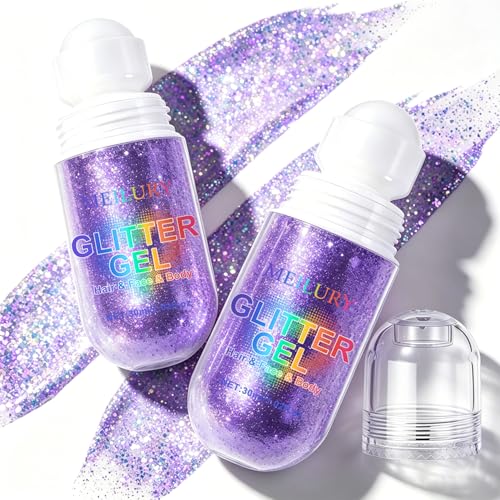2PCS Purple Roll-On Body & Face Glitter Gel for Face Hair and Body, Holographic Makeup