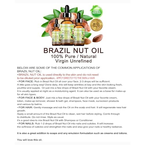Botanical Beauty Organic BRAZIL NUT OIL Bertholletia Excelsa WILD GROWTH RAW Brazilian 100% Pure Natural Virgin Unrefined for FACE, SKIN, BODY, HAIR, NAILS, FOOT CARE (1 Fl Oz 30 ml)