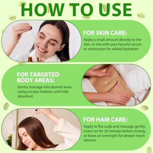 Green Coffee Bean Oil, Organic Green Coffee Oil for Cellulite, Skin, Face, Body & Hair - Reduces Puffiness, Dark Circles, Stretch Marks, Skin Tightening, Cold-Pressed (2 Fl Oz (Pack of 1))